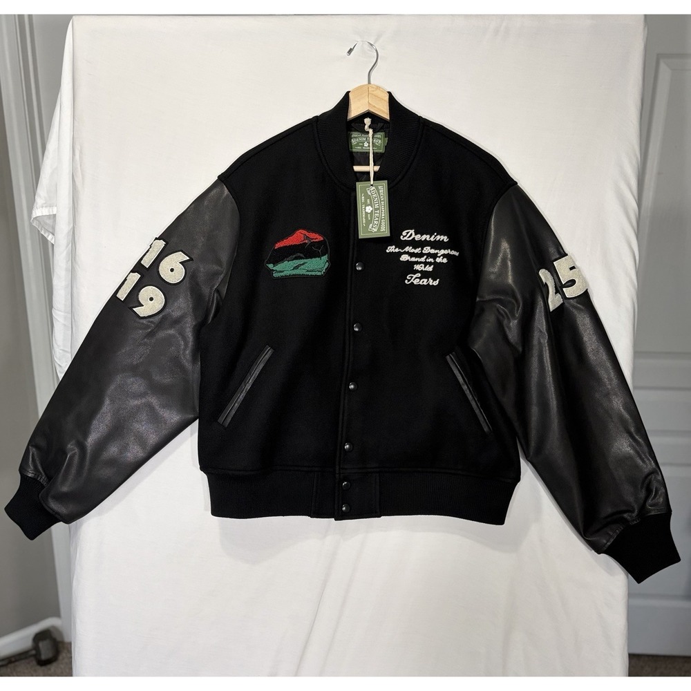 Denim Tears Peace Wreath Varsity Jacket Men's Size Large Leather Sleeves Wool